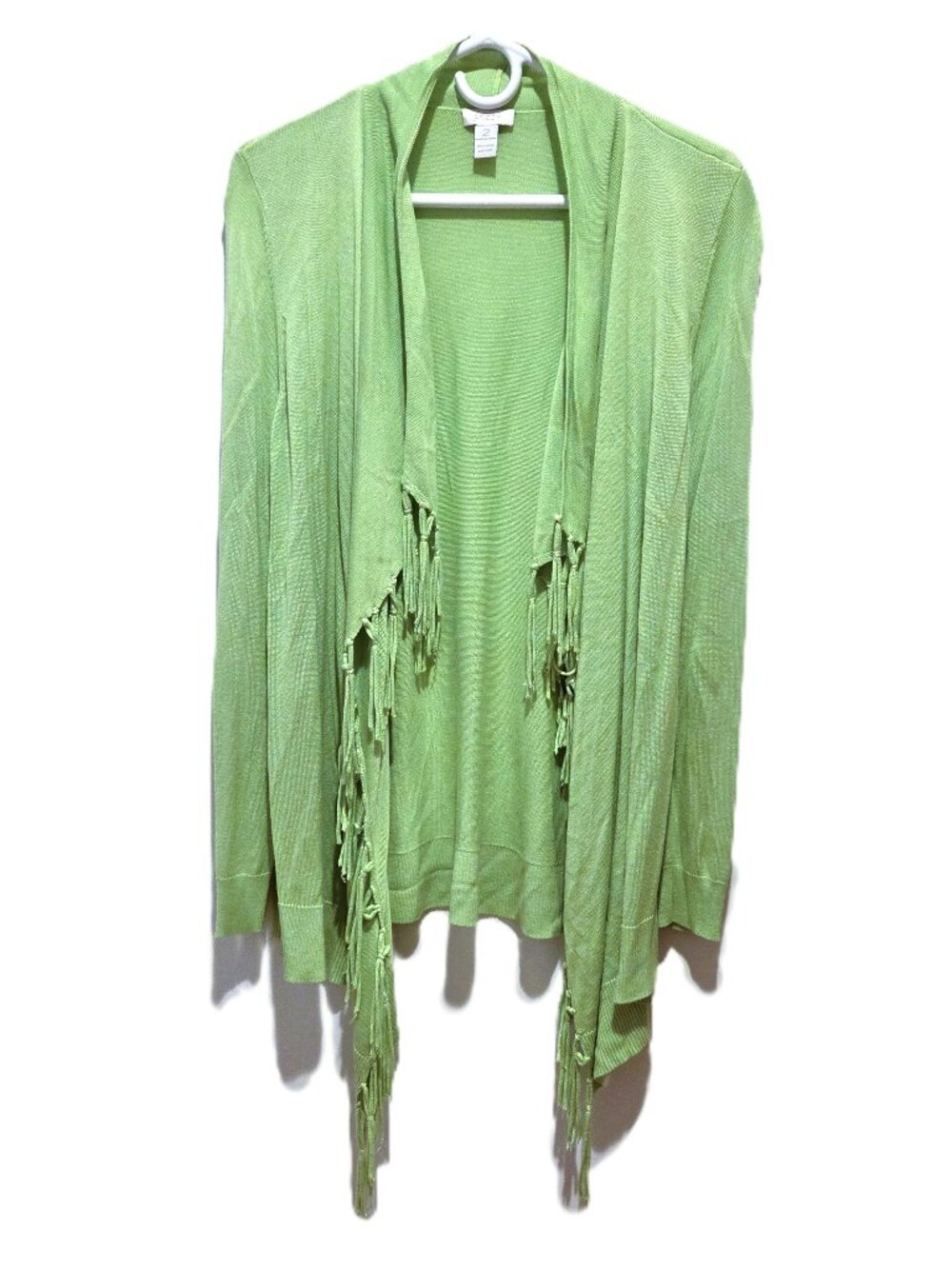 Chico's Open Front Cardigan Size 2 Large Green Fringe Long Sleeve Rayon Sweater